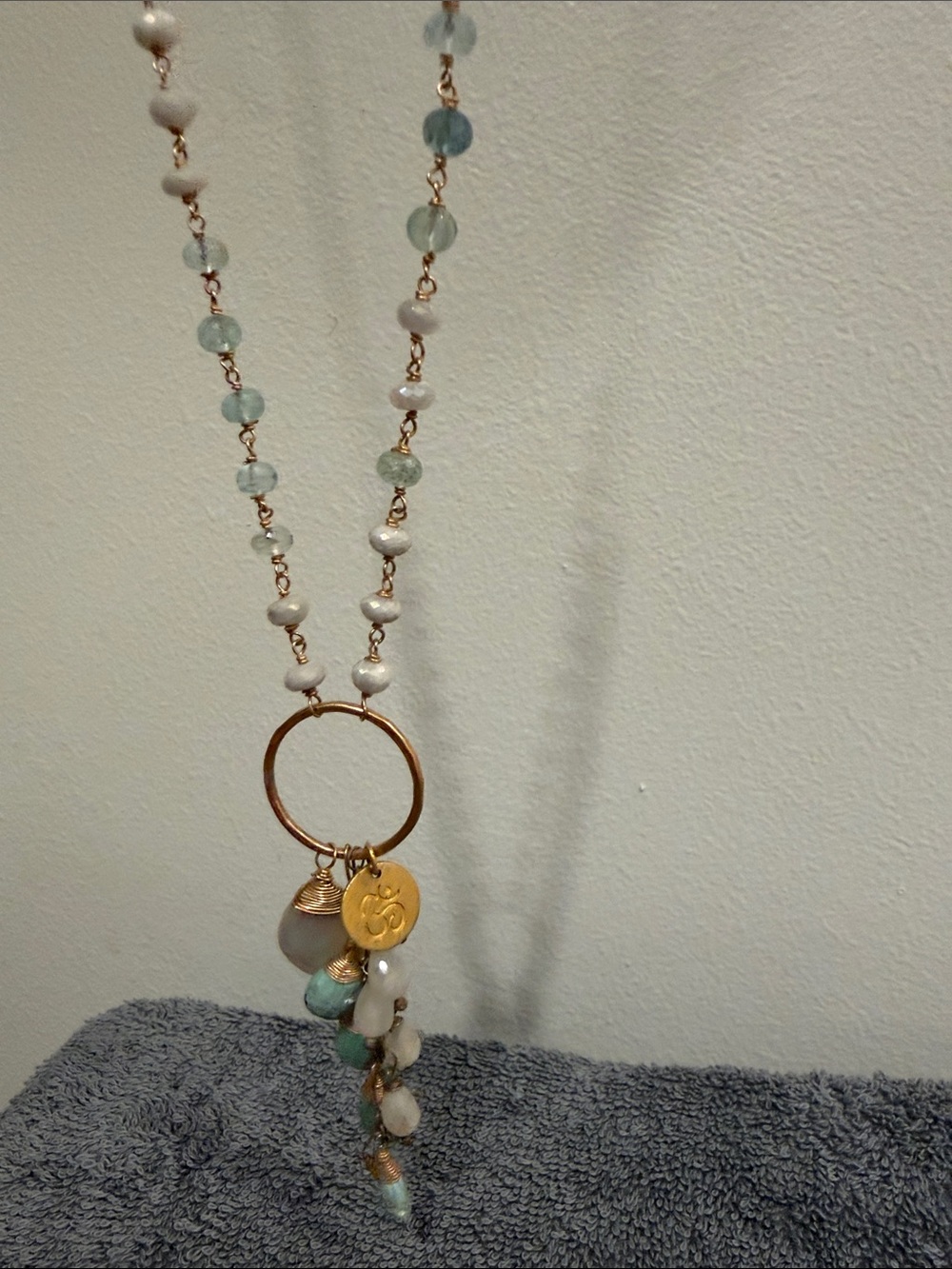 Neiman Marcus Gold Ring Necklace with Aqua and Pearl Beads